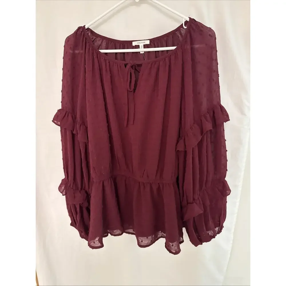 Maurices Blouse Womens XL Burgundy Lined Sheer Pullover Long Ruffle Sleeves NWT